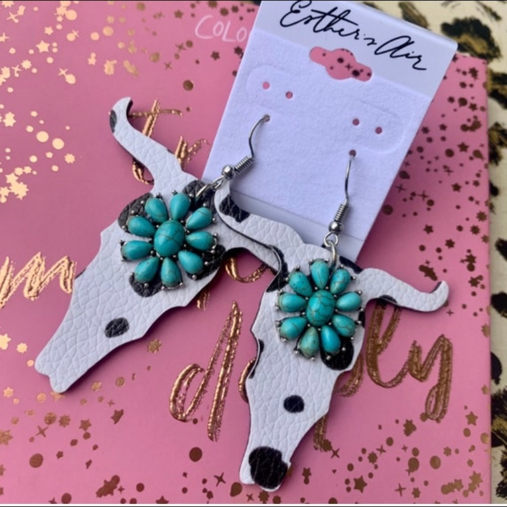 Country Turquoise Leatherback longhorn cow hide Statement Earrings
